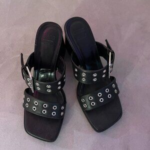 Black Grommet Stud Adjustable Buckle Block Heel Sandals - SIZE 7